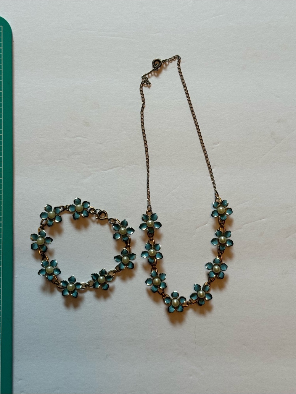 Turquoise Floral Enamel Necklace and Bracelet Set - Women's Jewelry